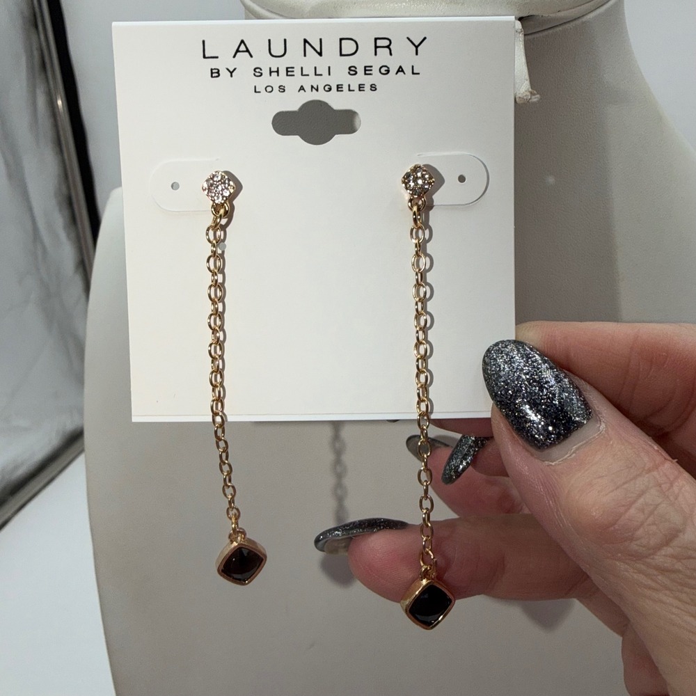 Laundry by Shelli Segal Gold Tone Dangle Earrings Black Square Gem CZ Top